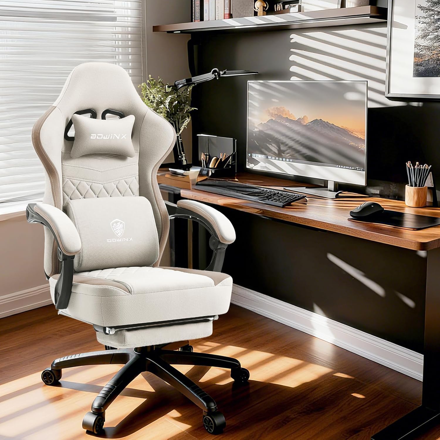 Dowinx Gaming Stuhl Stoff, Massage Gaming Sessel mit Fußstütze, Ergonomischer PC Stuhl Gamer Stuhl Bürostuhl 150 kg belastbarkeit, Beige