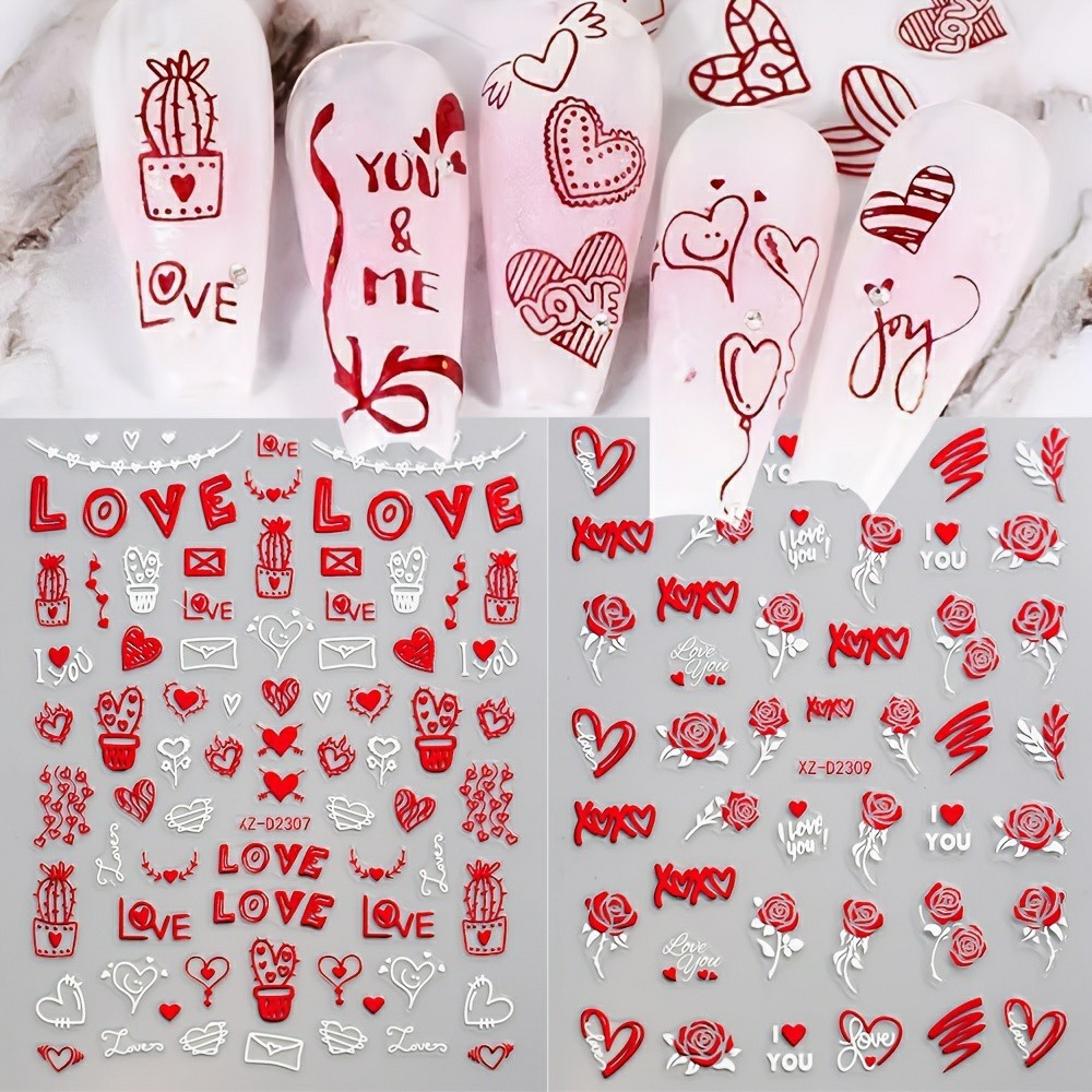 (808-tlg. Set) Nagel Sticker Nail Art Tattoo Selbstklebende Aufkleber Valentinstag - Rot / Weiss