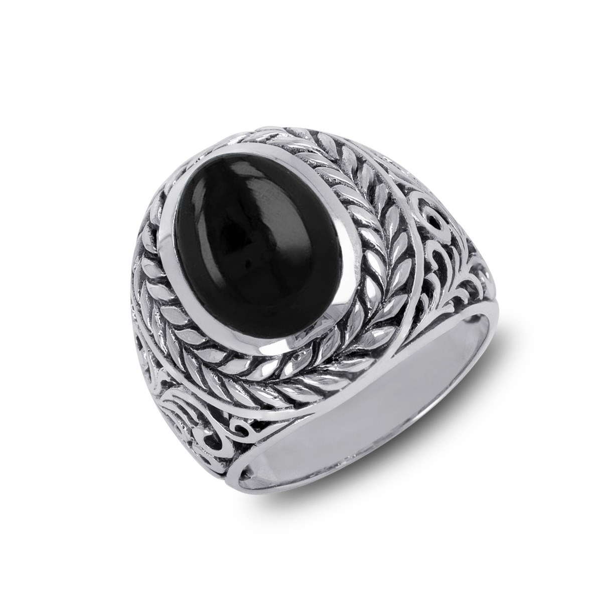 Bague Homme Onyx Ovale sur Argent Massif Effet Vieilli | Aden Boutique
