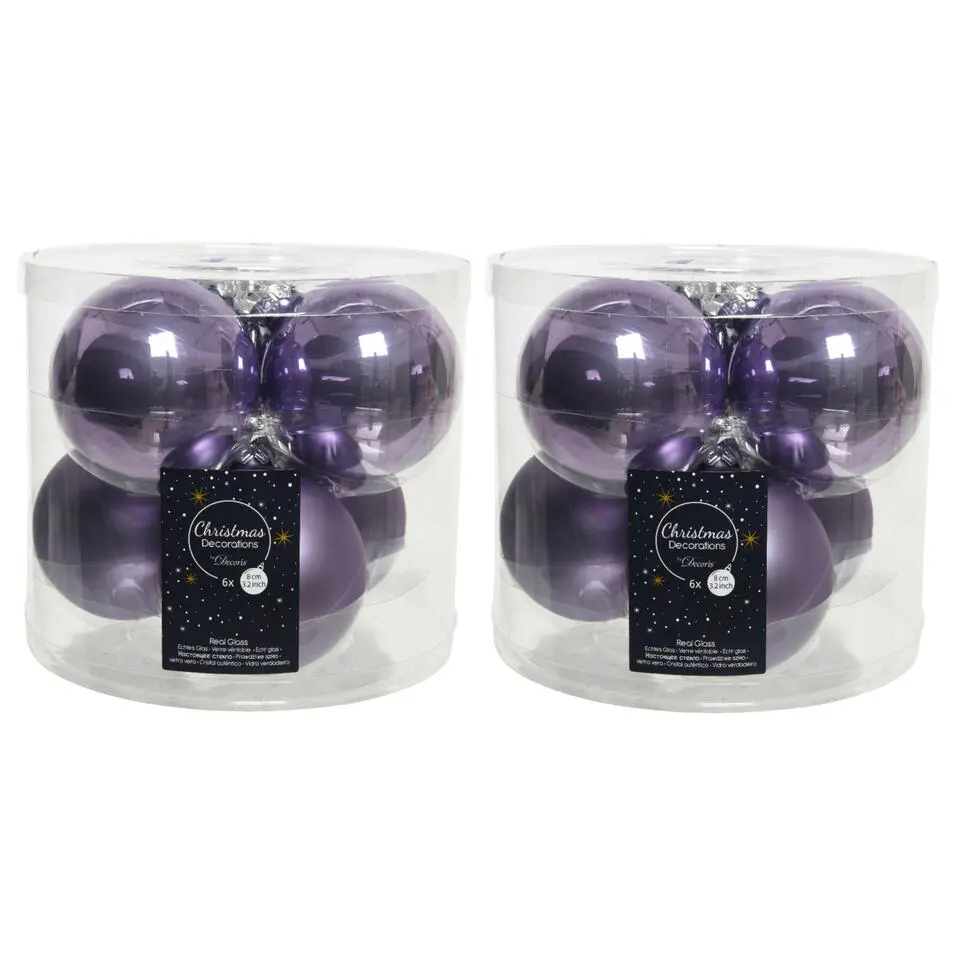 Decoris Kerstballen - 6x st - lila paars - 8 cm - glas