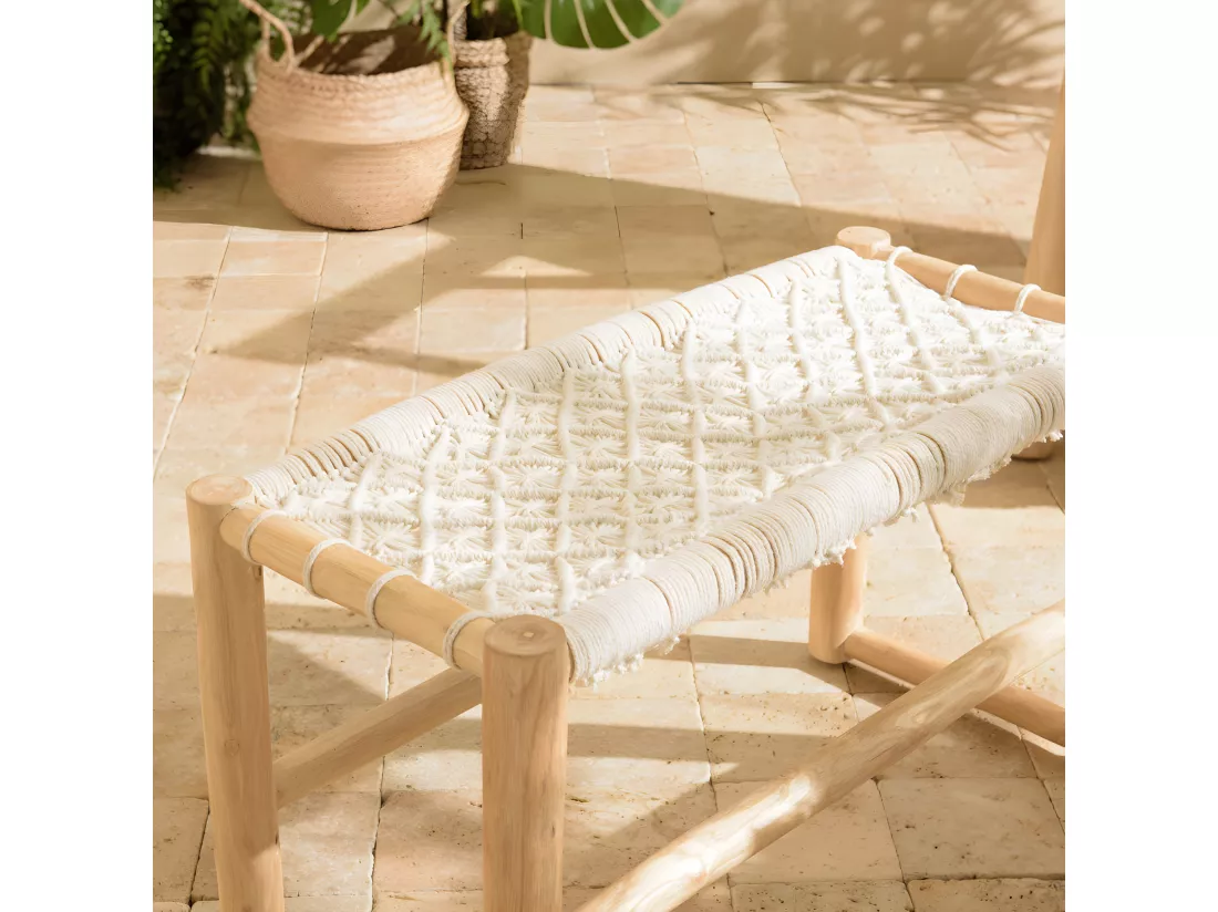 WILL - Banc en branches de teck naturel assise en macramé blanc