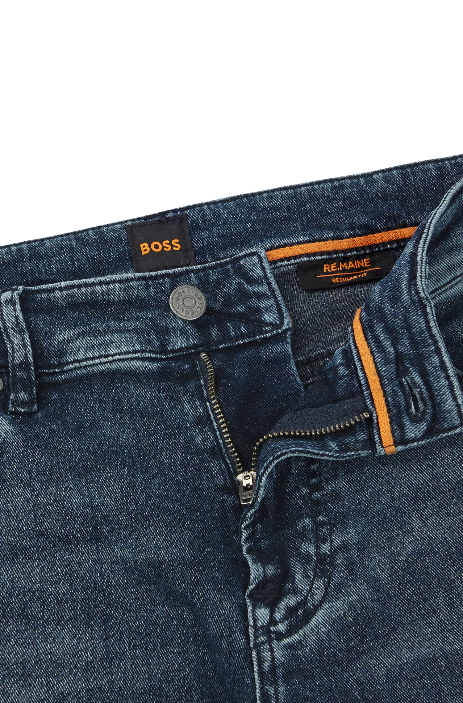 Calça jeans BOSS laranja, corte regular, em denim confortável com elasticidade azul-preto.