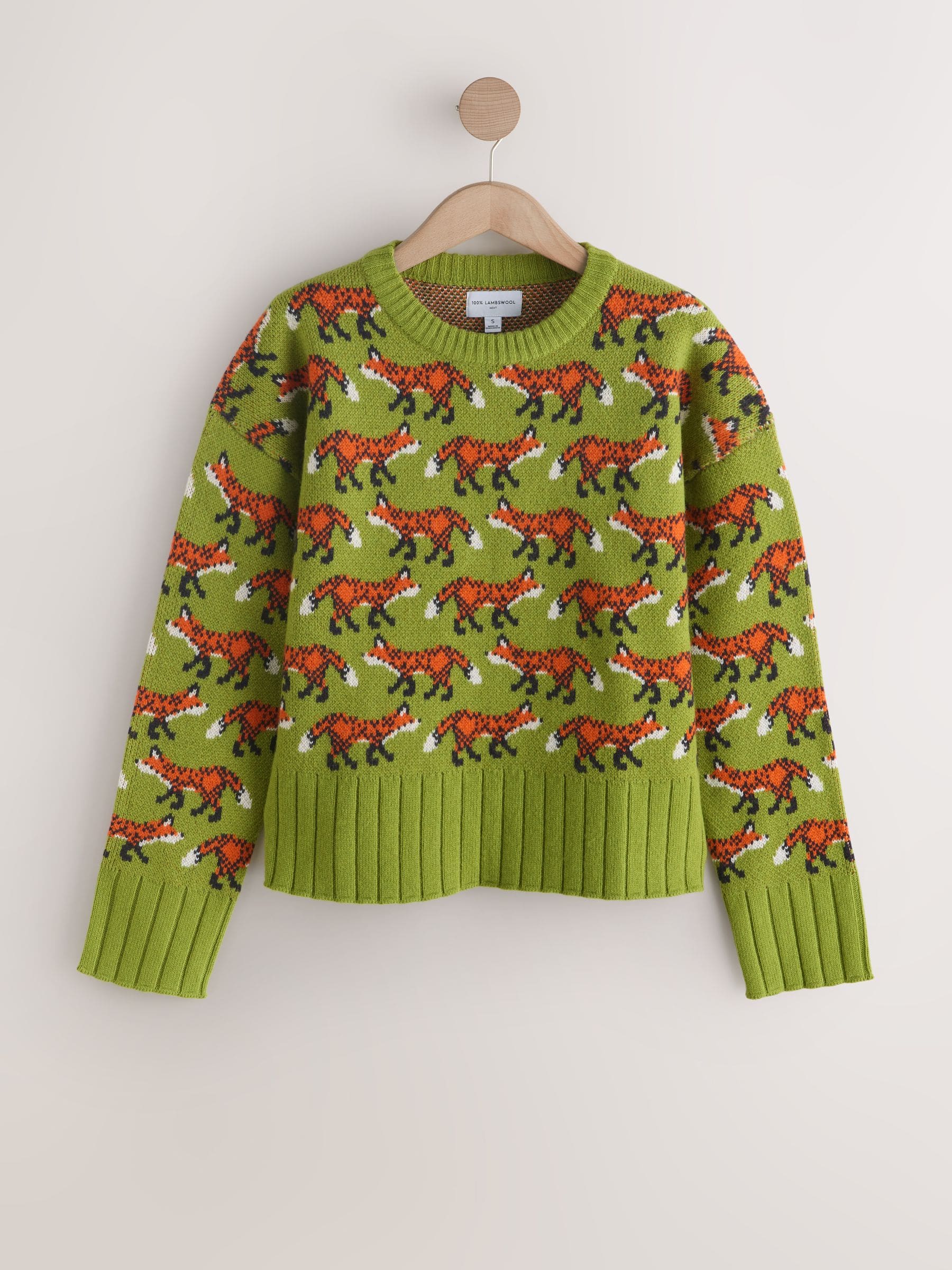 Groen met vossenbont - 100% N.Premium trui van lamswol met ronde hals