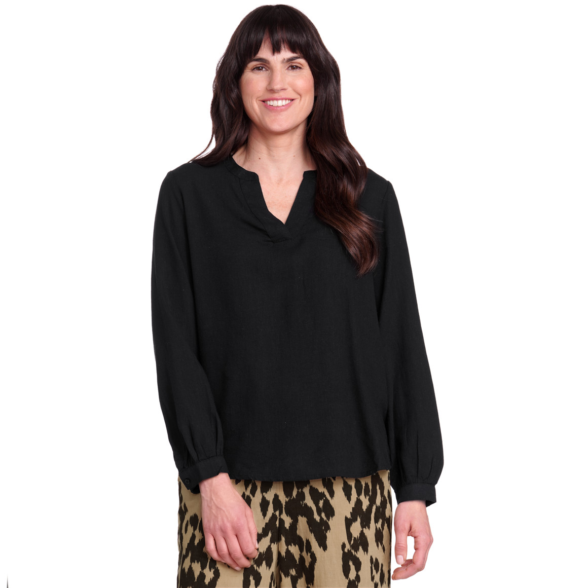 Gina Benotti Damen Leinen-Bluse mit kurzem Stehkragen schwarz