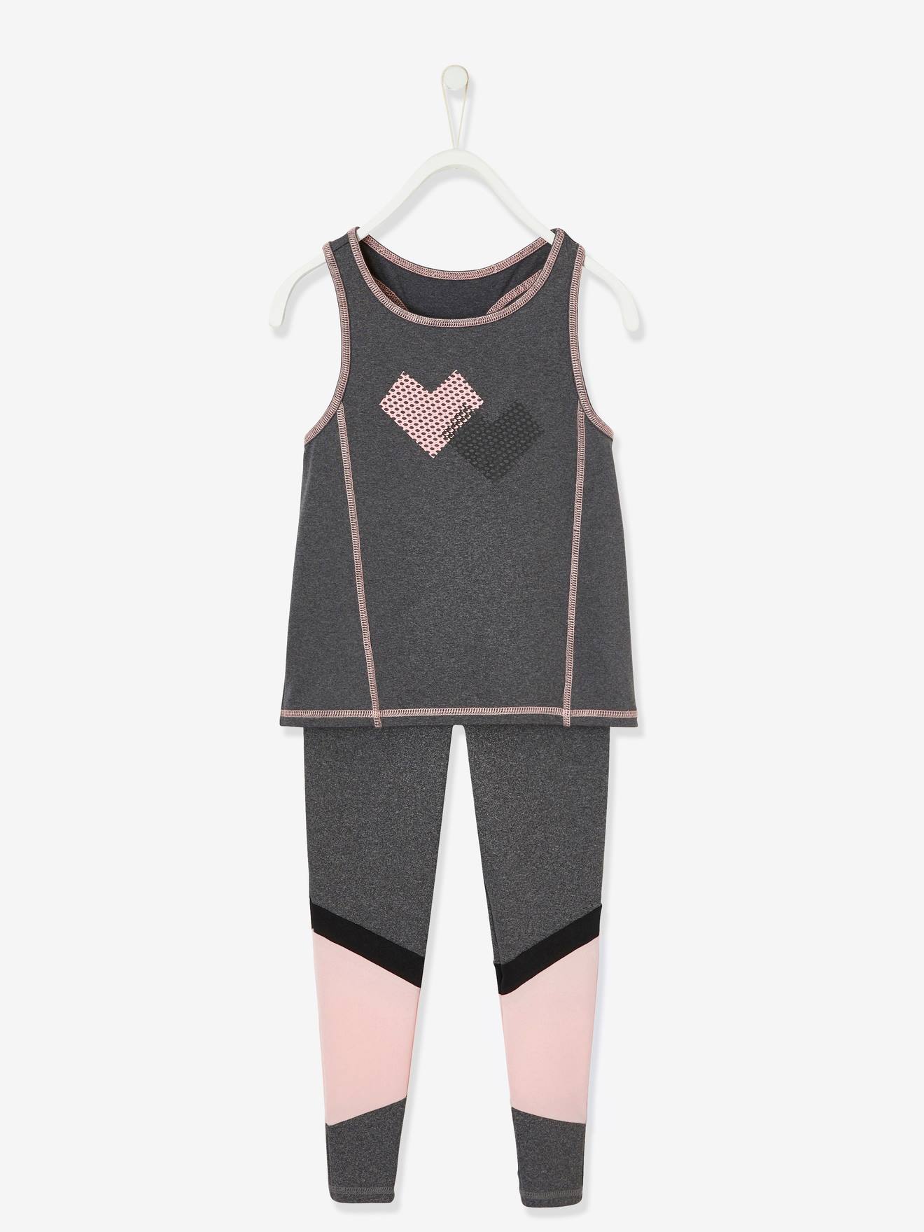 Conjunto esportivo feminino em tecido técnico mesclado cinza escuro, composto por blusa sem mangas e calça legging.
