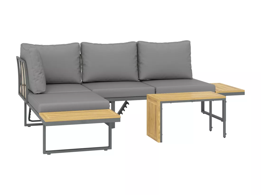 Ensemble salon de jardin 4 places modulable réglable avec table basse acier gris bois d'acacia verni
