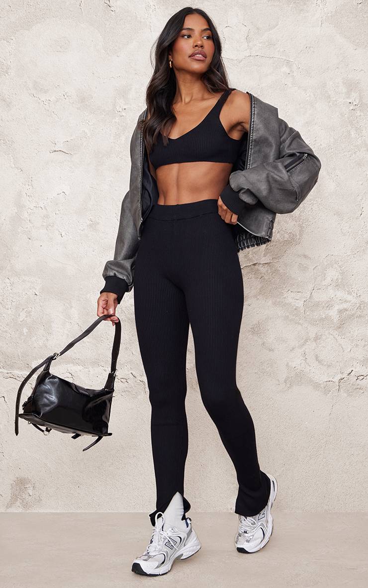Noir Pantalon Évasé En Maille À Ourlet Fendu