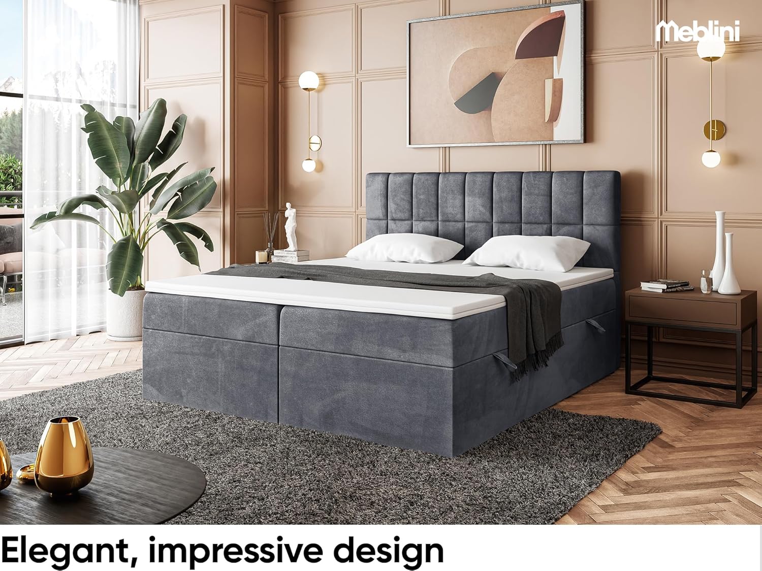 MEBLINI Boxspringbett mit Bettkasten - Gepolstert Doppelbett mit Matratze und Topper - Polsterbett mit Stauraum - Bett mit Kopfteil - Stauraumbett - Lukas - 180x220 - H3/Dunkelgrau Samt