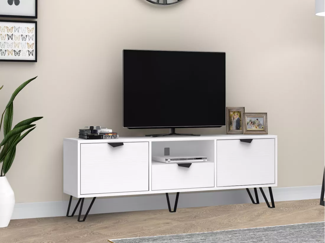 Meuble TV avec 2 portes, 1 tiroir et 1 niche - Blanc et Noir - CARDELIA
