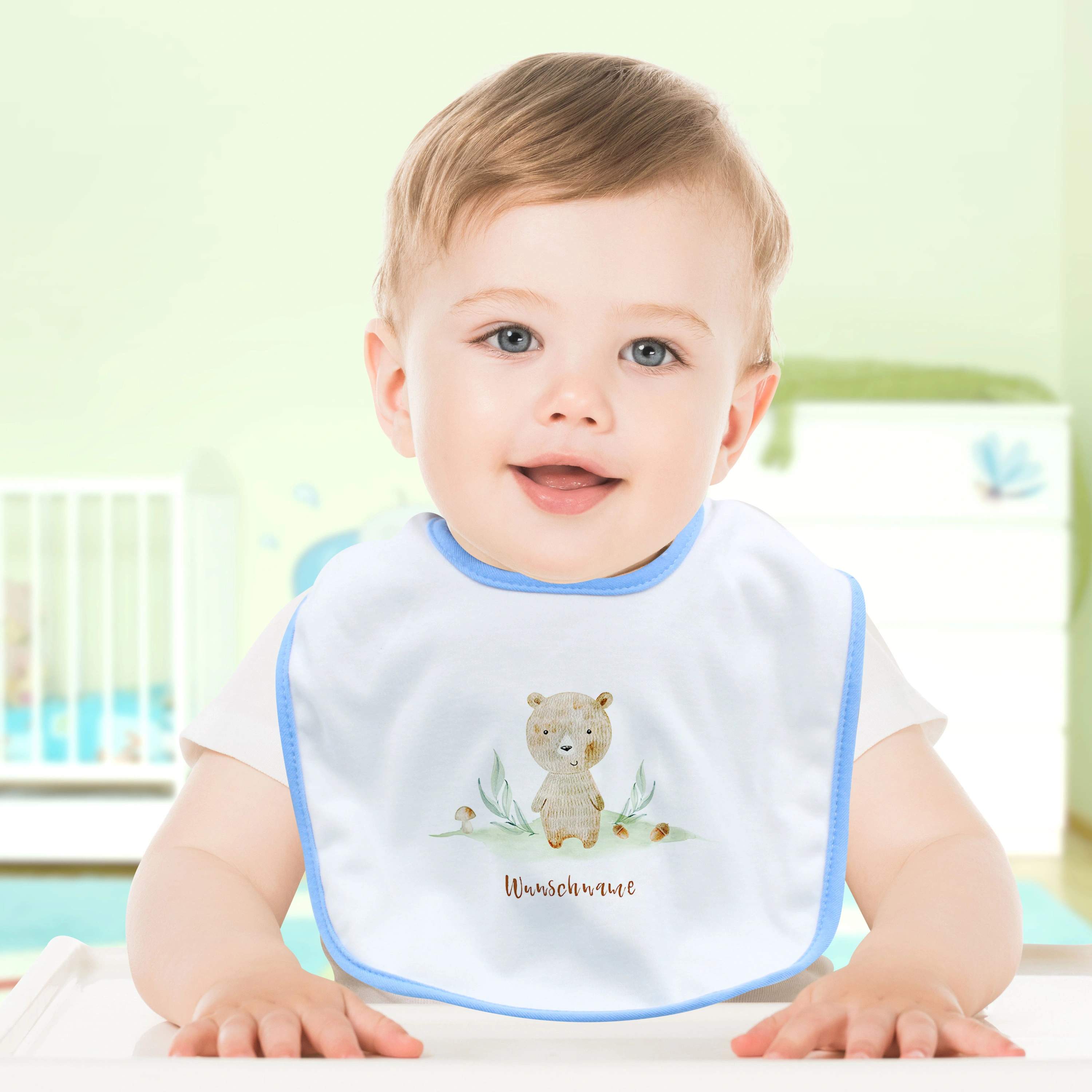 Baby-Lätzchen mit Namen, blau (Motiv: Bär)