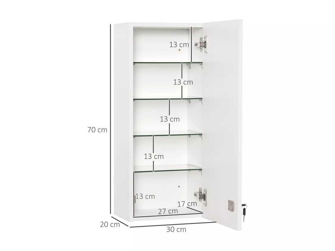 Armoire à pharmacie murale verrouillable - 5 niveaux - verre panneaux blanc