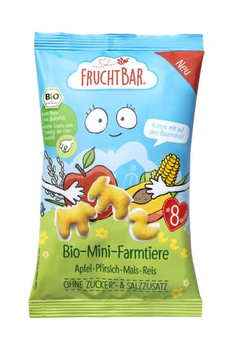 FruchtBar BIO Mini-Farmtiere Apfel, Pfirsich, Mais, Reis