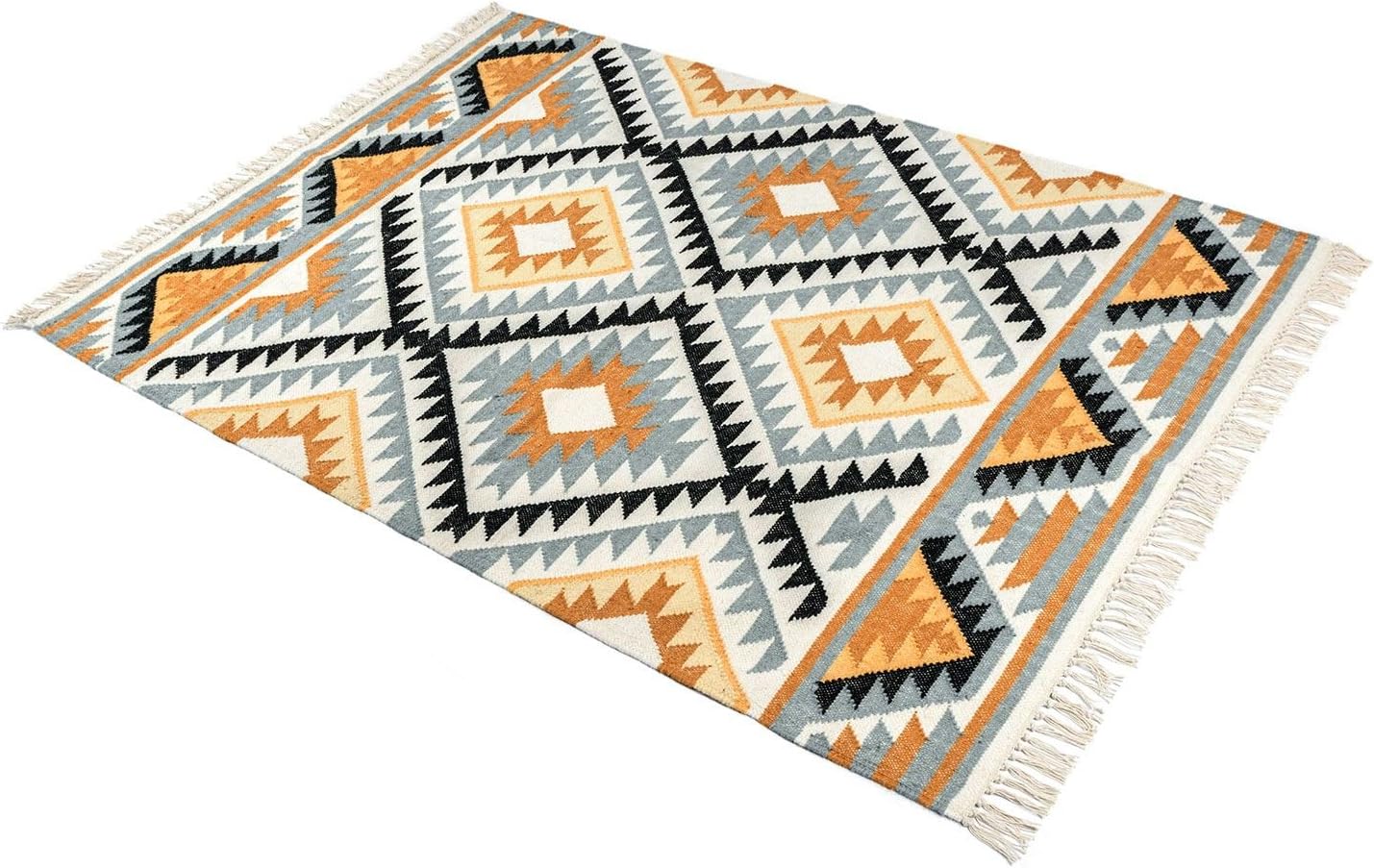 Homescapes Kelim-Teppich Agra, handgewebt aus Wolle/Baumwolle, 160 x 230 cm, bunter Wollteppich/Baumwollteppich mit geometrischem Muster und Fransen, Gold-grau-schwarz