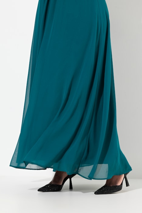 Abendkleid, V-Ausschnitt, bestickter Gürtel, Langarm