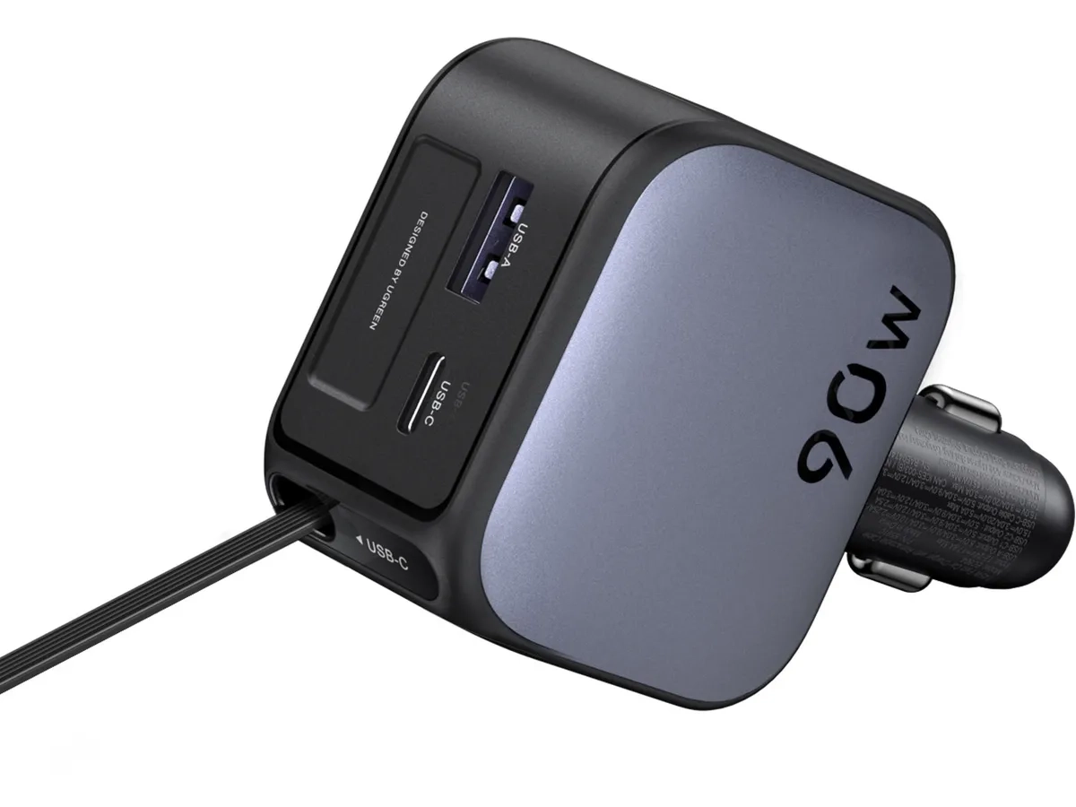 (90W) USB C / USB A Auto Ladegerät Fast Car Charger mit ausziehbarem USB C Ladekabel (55909B) - Silber / Schwarz