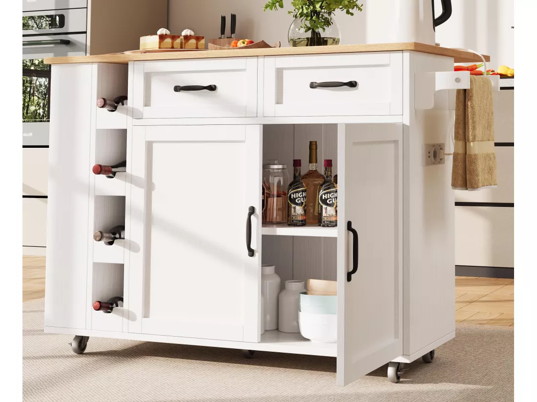 Ilot central de cuisine - chariot à roulette avec prises - avec plan extensible - 2 portes 2 tiroirs et casiers à vin - Blanc