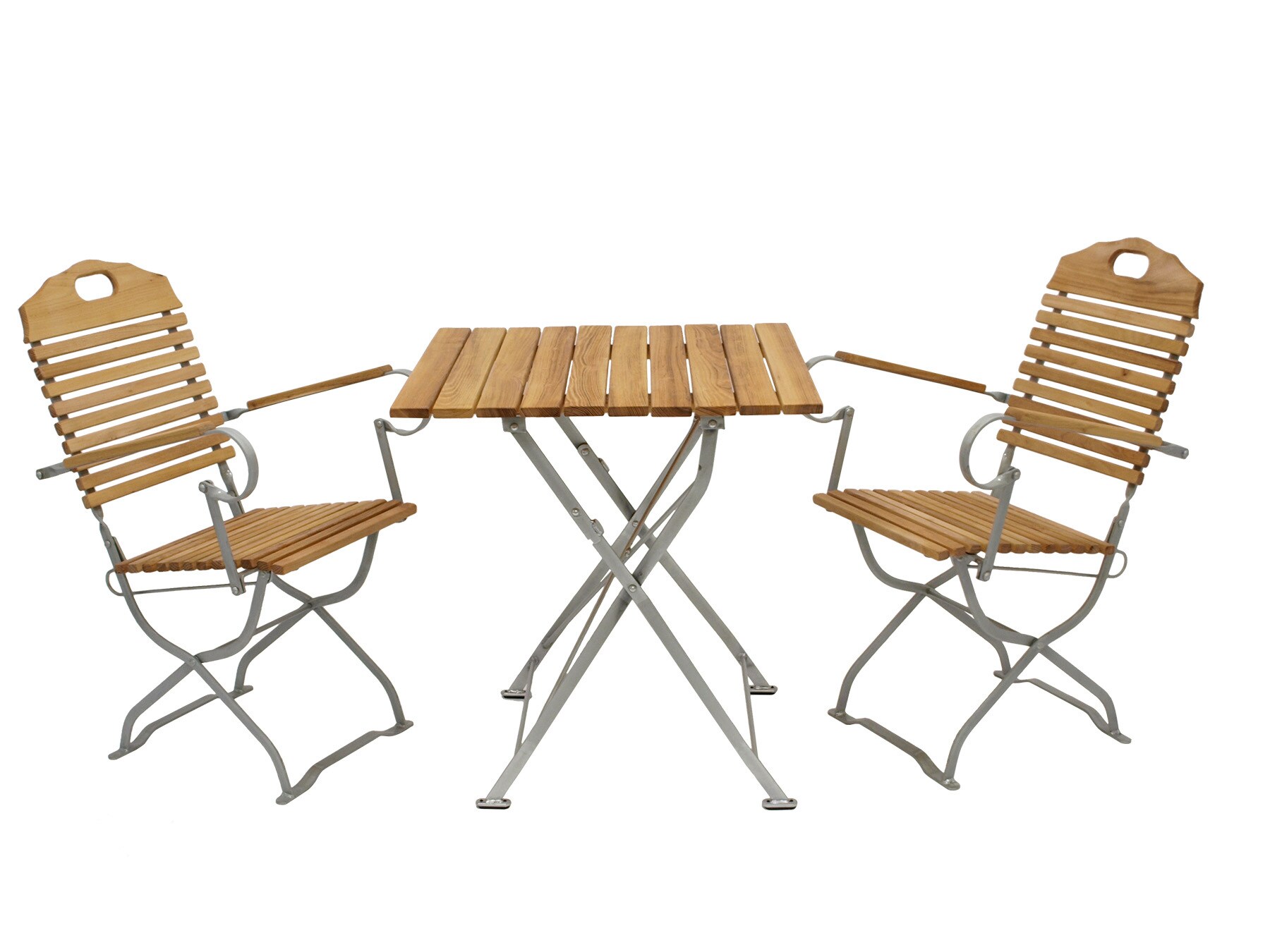 DEGAMO Kurgarten - Garnitur BAD TÖLZ 3-teilig (2x Armlehnensessel, 1x Tisch 70x70cm), Flachstahl verzinkt + Robinie, klappbar