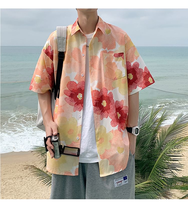 Giuliana - Hawaiiaans overhemd met korte mouwen, kraag en bloemenprint
