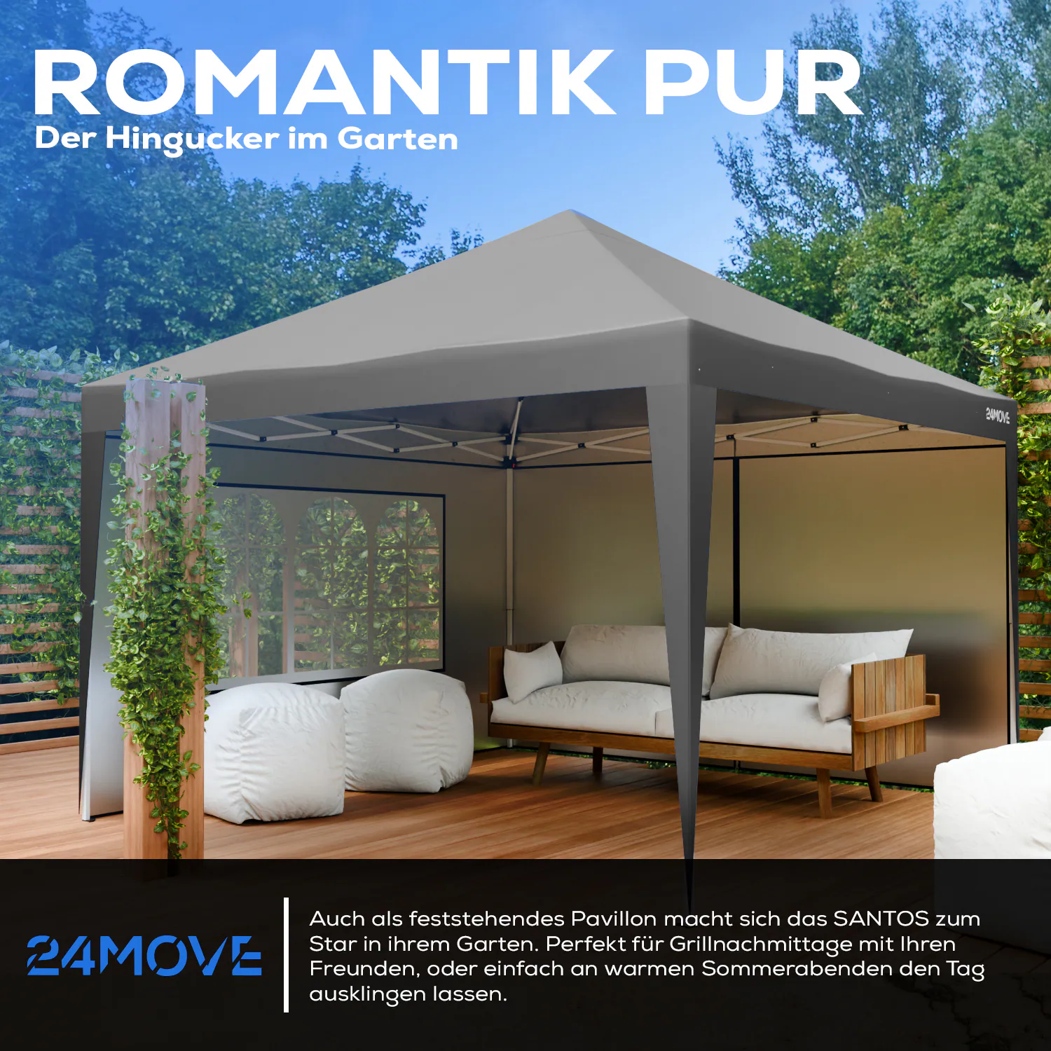 24MOVE® Pavillon Santos 3x3m Pop-Up UV-Schutz 50+ Wasserdicht & winterfest mit Tasche faltbar & stabil, für Camping & Garten Faltpavillon - Partyzelt Grau