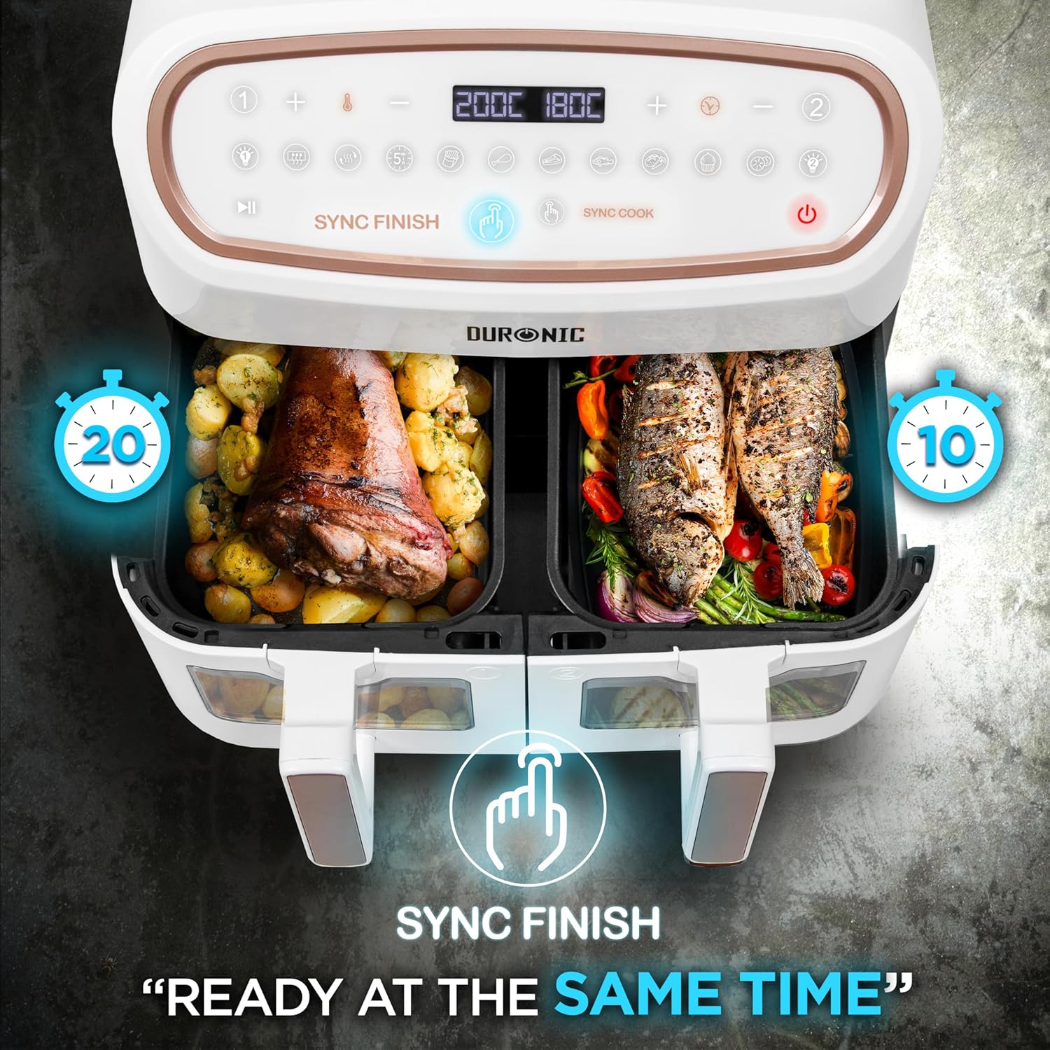 Duronic AF34 WE XXL Heißluftfritteuse – 10L Airfryer mit 2 Kammern, Doppel-Fritteuse ohne Öl, HLF Air Fryer für fettfreies Garen von Pommes, Fleisch & mehr – Friteuse mit großem Volumen