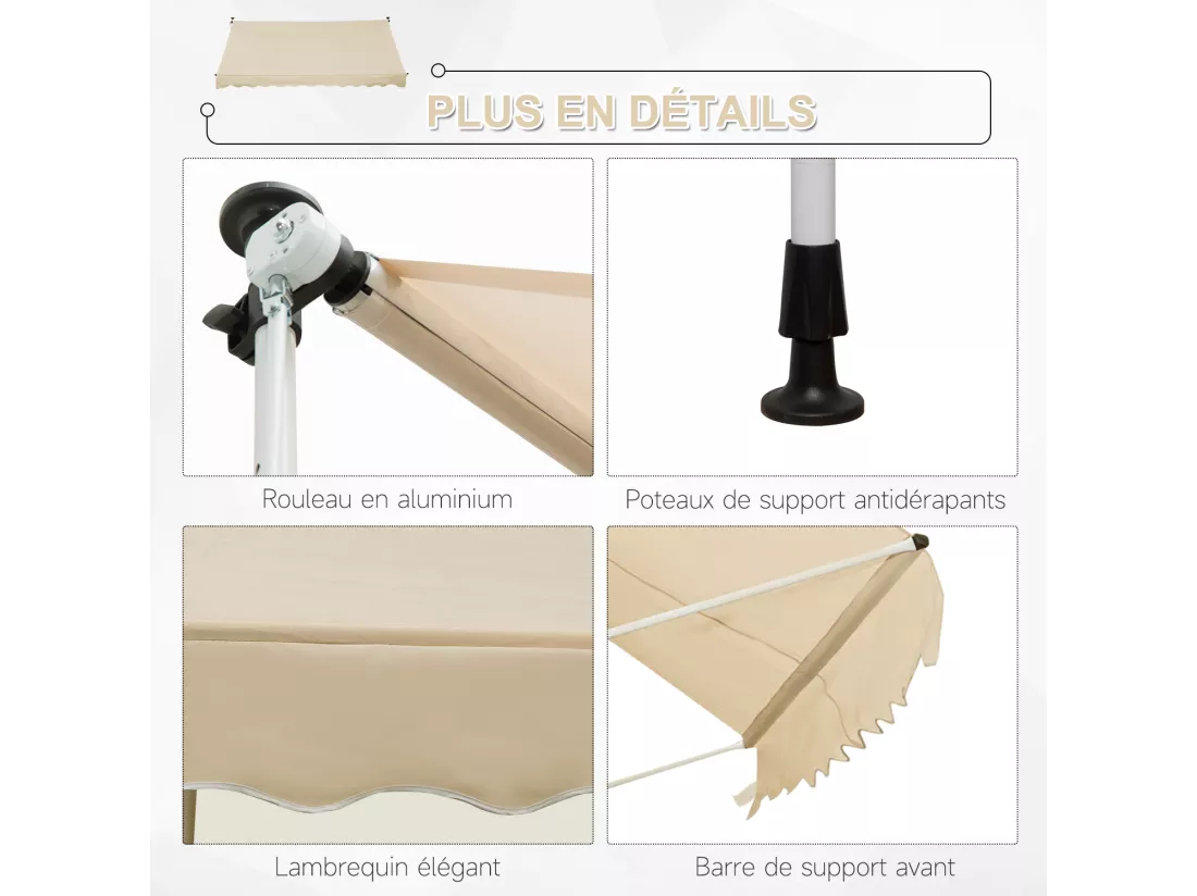 Store banne manuel rétractable 3L x 1,5l m inclinaison et hauteur réglable installation rapide métal alu polyester anti-UV beige