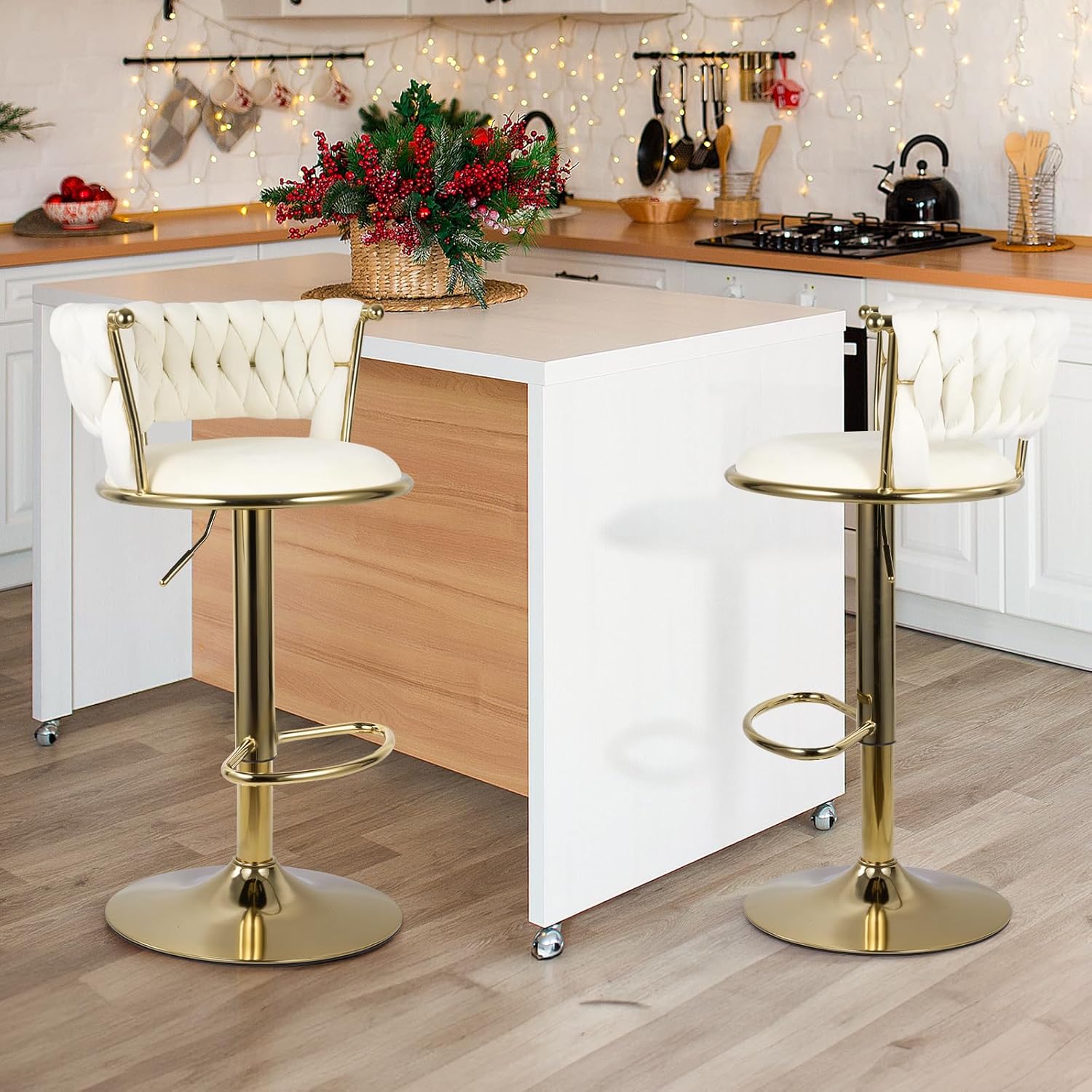 Aivermeil Barhocker 2er Set | Höhenverstellbar Barstuhl mit Metallrahmen • Ergonomisch Küchenhocker mit geflochtener Rückenlehne für Küche/Hausbar • Gold/Beige