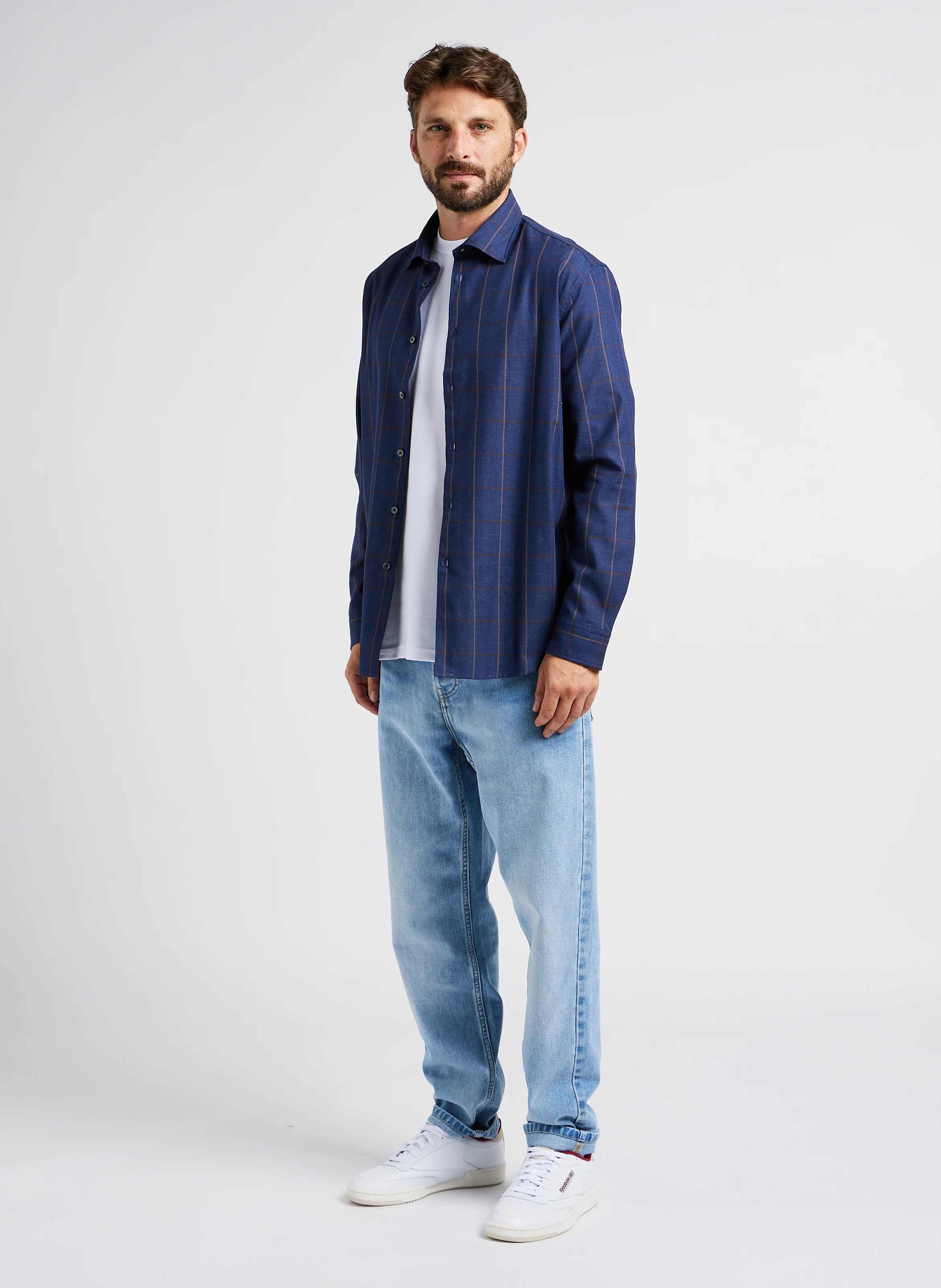 Chemise col classique à carreaux en coton bio mélangé | Marron