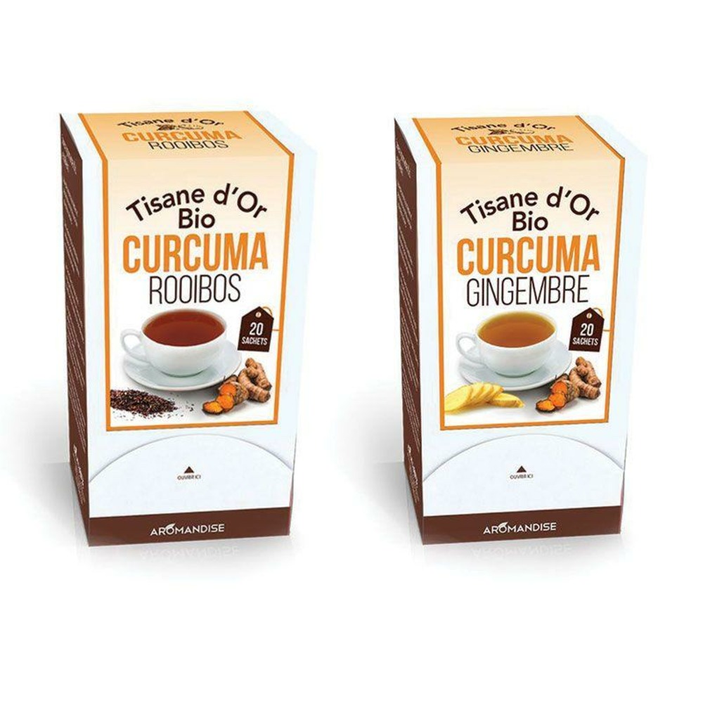 Duo de tisanes d'or biologiques au curcuma, gingembre et rooibos - 40 sachets