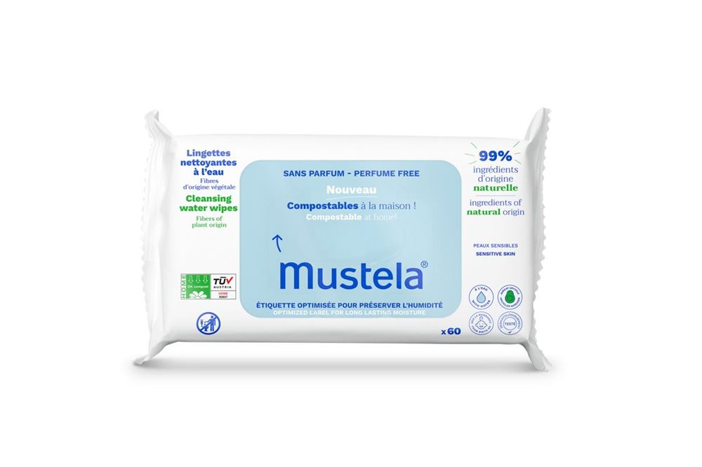 Mustela Feuchttücher Wasser<br>60 Stück, Beutel, kompostierbar