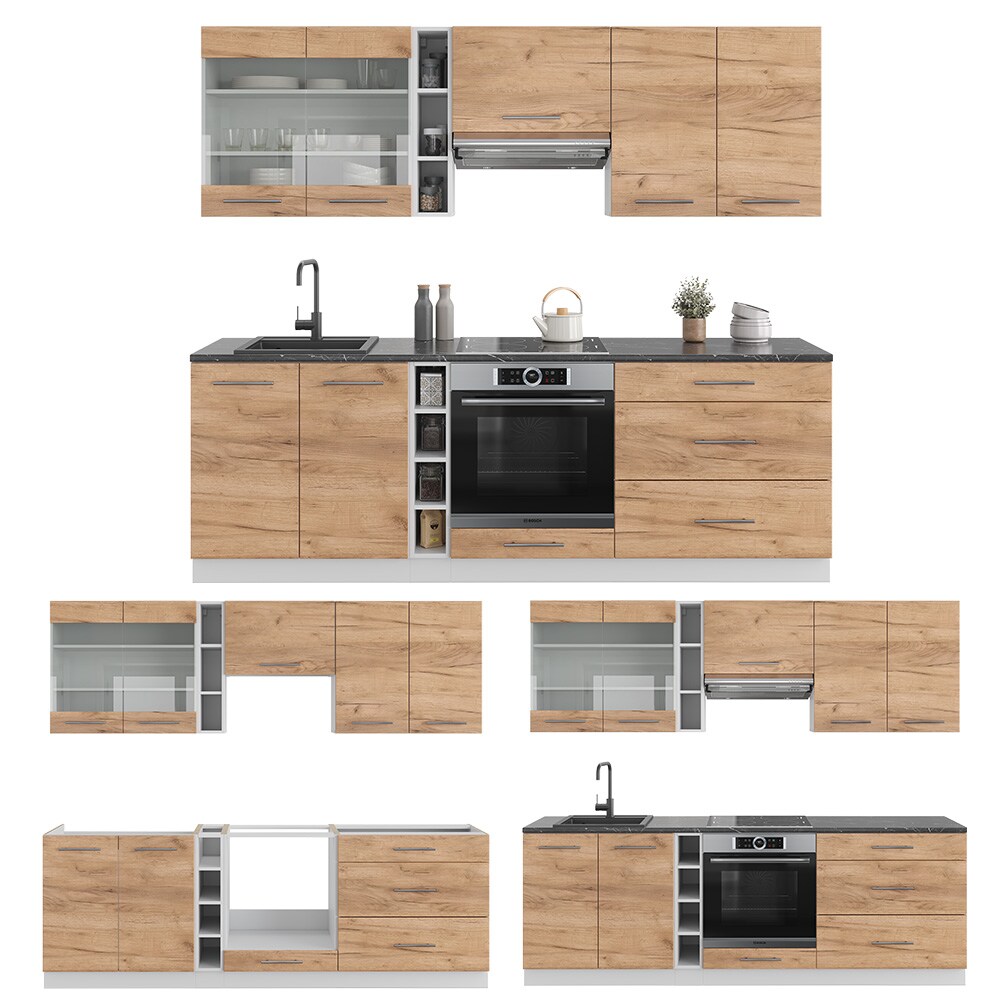 Vicco Küchenzeile Küchenblock Einbauküche Fame-Line Weiß Eiche Goldkraft 235 cm modern Küchen Schränke Hängeglasschrank Hängeschrank Schubladenunterschrank Spülenunterschrank Herdumbauschrank