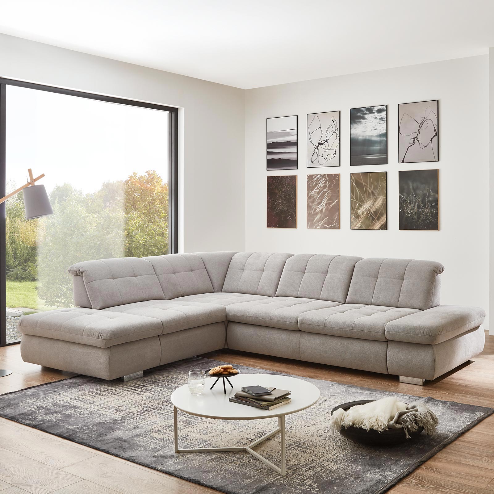 polsterpower Ecksofa - silber - mit Funktionen - Anstellhocker links