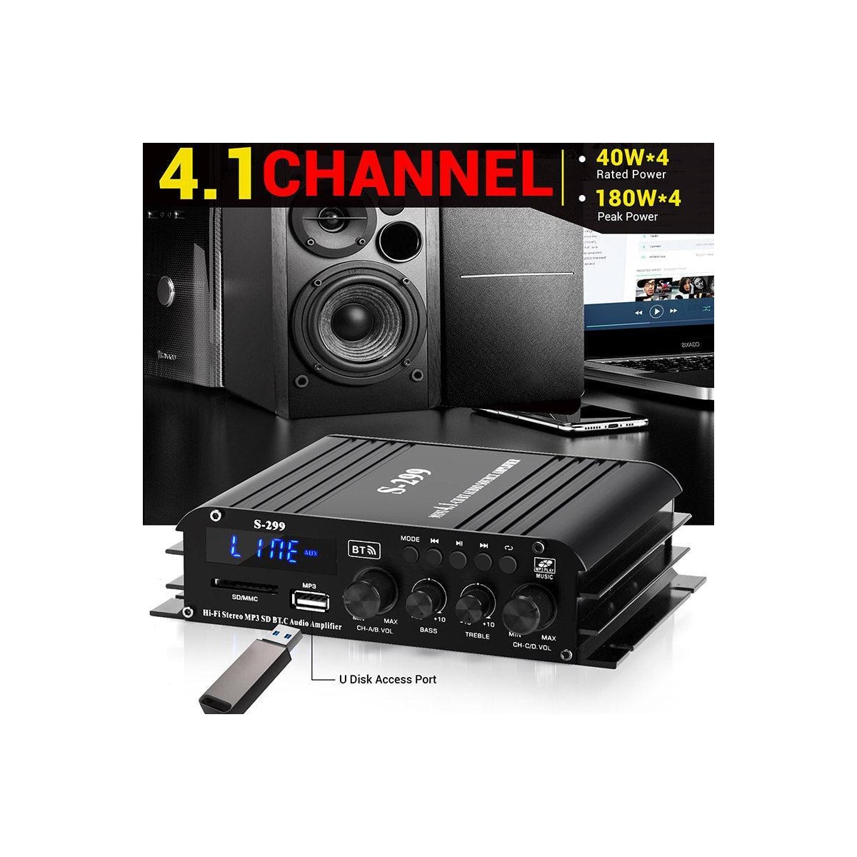 NÖRDIC Bluetooth 5.0 stereo 4.1 forsterker 4X40W + 50W RMS forsterker 2 høyttalere og subwoofer med USB og SD mediespillerinngang