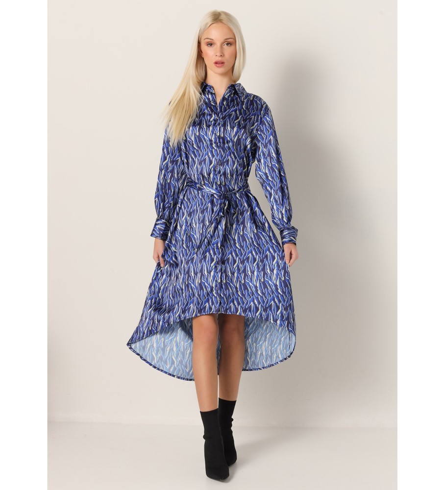 Victorio & Lucchino, Vestido midi de cetim com estampa animal abstrata azul V&L