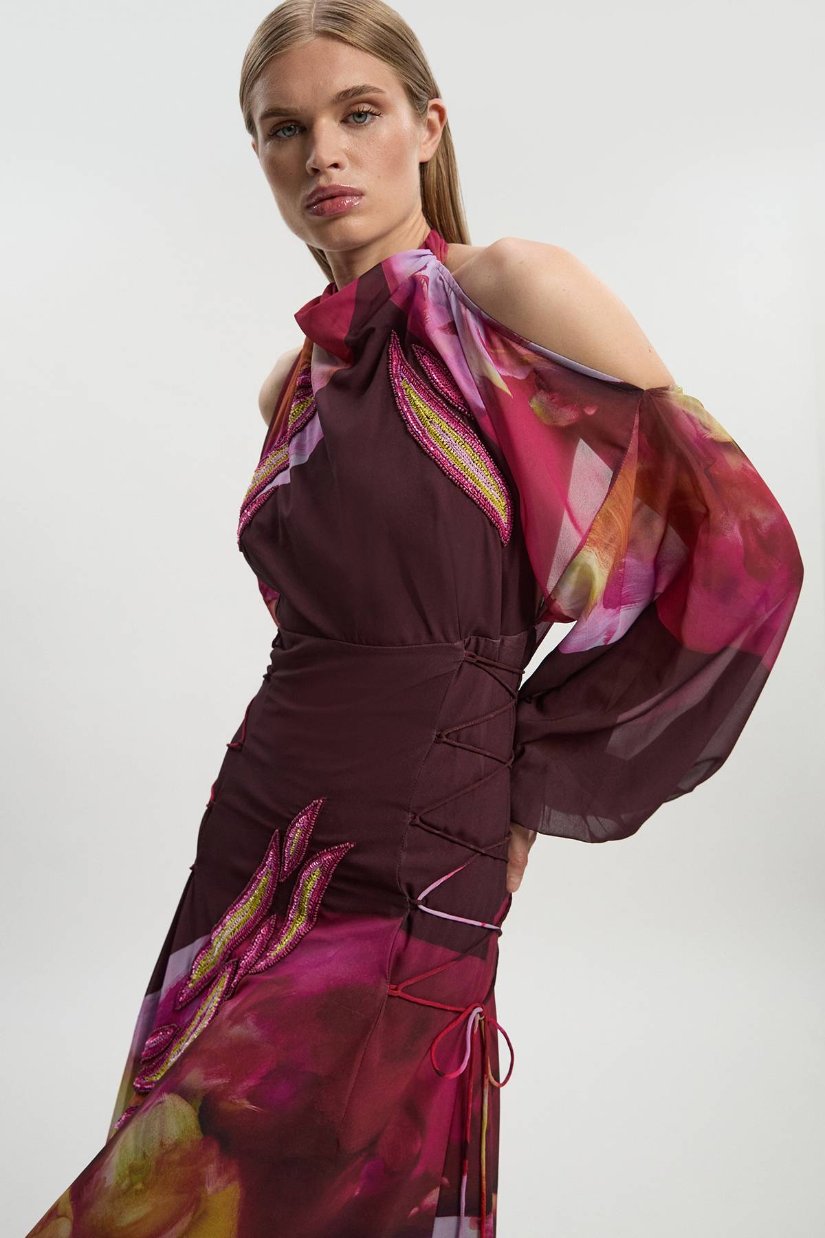 KarenMillen Robe Longue Tissée Ornée à Épaules Dénudées Petite Lily Macrae
