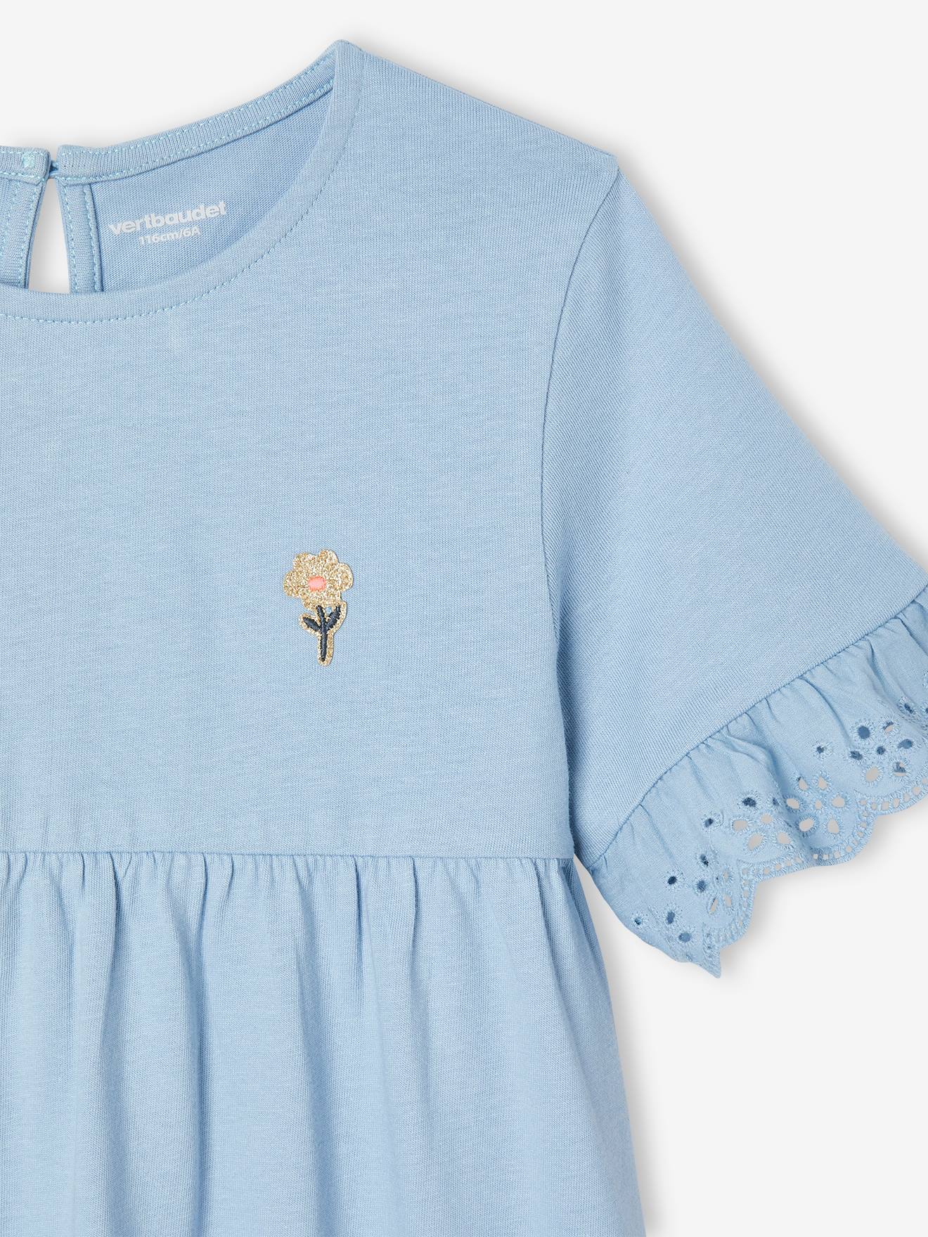 Vestido curto de manga curta com bordado inglês cor pêssego para meninas