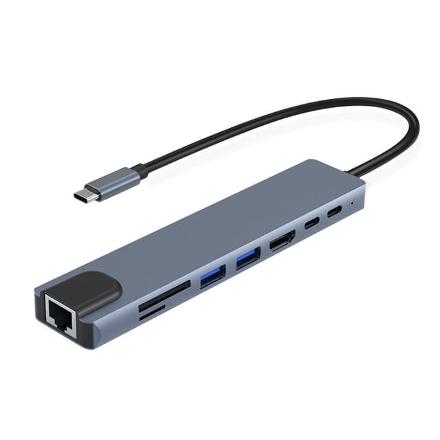 8 port USB-C hub med USB, UBC PD, HDMI, RJ45, hukommelseskort Grå