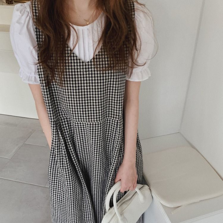 Auboi - Blouse met korte mouwen en effen kleur / Mouwloze midi-jurk met ruitmotief