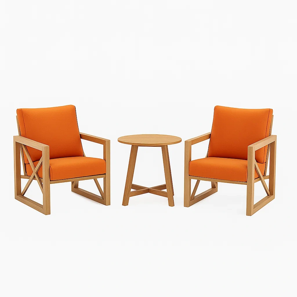 Ensemble de mobilier de jardin avec chaises et table en bois et tissu orange