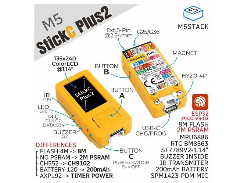 M5Stack Development Kit M5StickC Plus2 ESP32-pico Entwicklerboard mit Display und Wlan