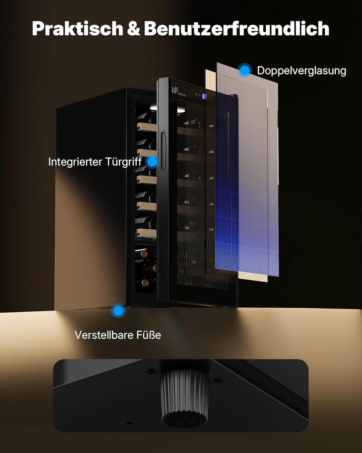 Upstreman 95L Weinkühlschrank mit Vollglas-Tür – Kapazität max. 41 Flaschen, 5°C - 20°C einstellbar, mit Doppelverglasung, Touch-Display, LED-Beleuchtung, 5 Einlegeböden, W41-Schwarz