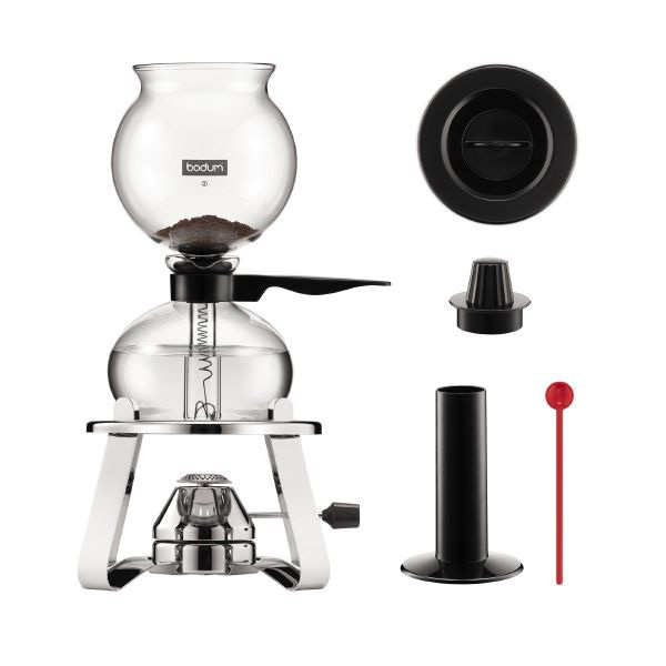 Set cafetière à dépression avec réchaud à gaz rechargeable en inox 1L et accessoires - Pebo
