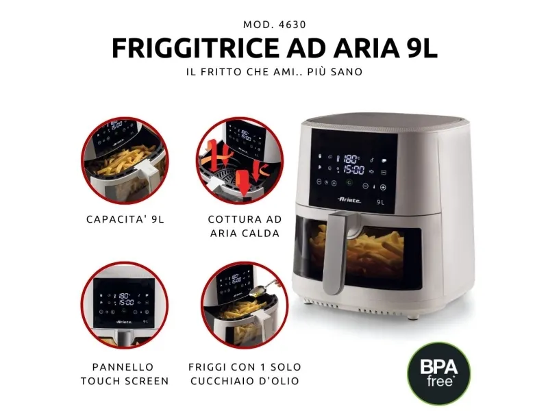 Ariete 4630/03, Varmluftsteger, 9 L, Enkelt, Hvid, Berøring, 1500 W