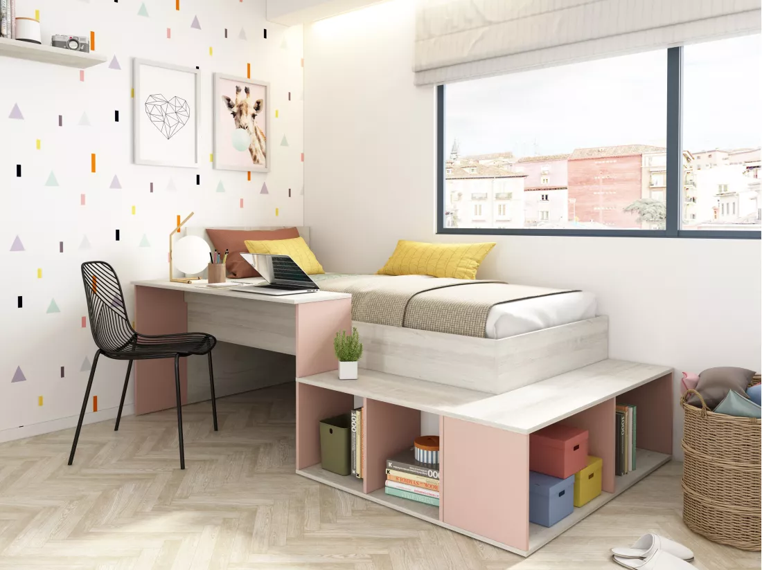 Lit combiné 90 x 200 cm avec rangements et bureau - Coloris : Naturel et rose + Sommier - RIGALI