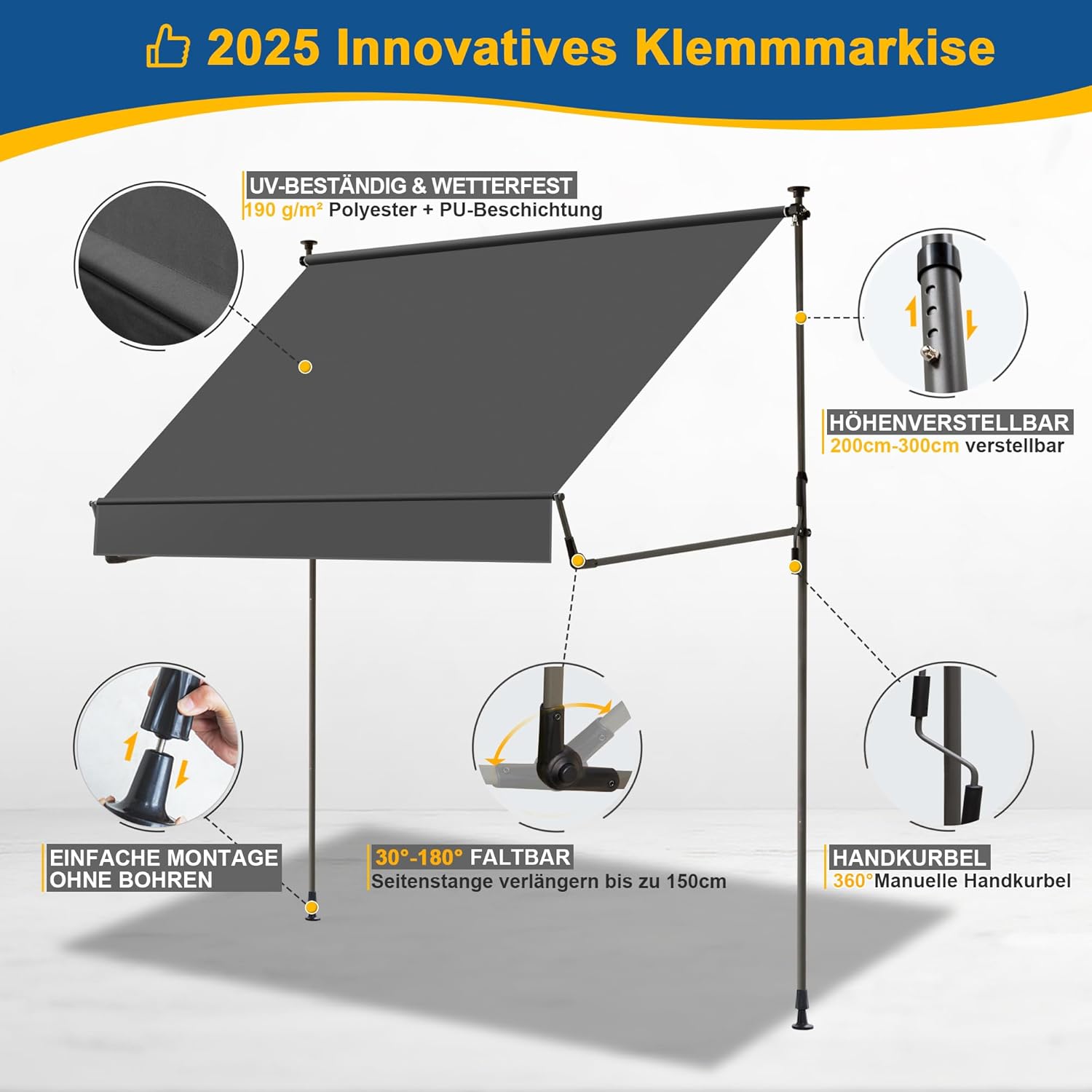 BelleMax Klemmmarkise ohne Bohren mit Handkurbel Balkon, Anthrazit 200 cm x (125 + 25) cm, Balkonmarkise Faltbarem Seitenarm, Markise UV-Schutz & Sonnenschutz, Wasserdicht Höhenverstellbar