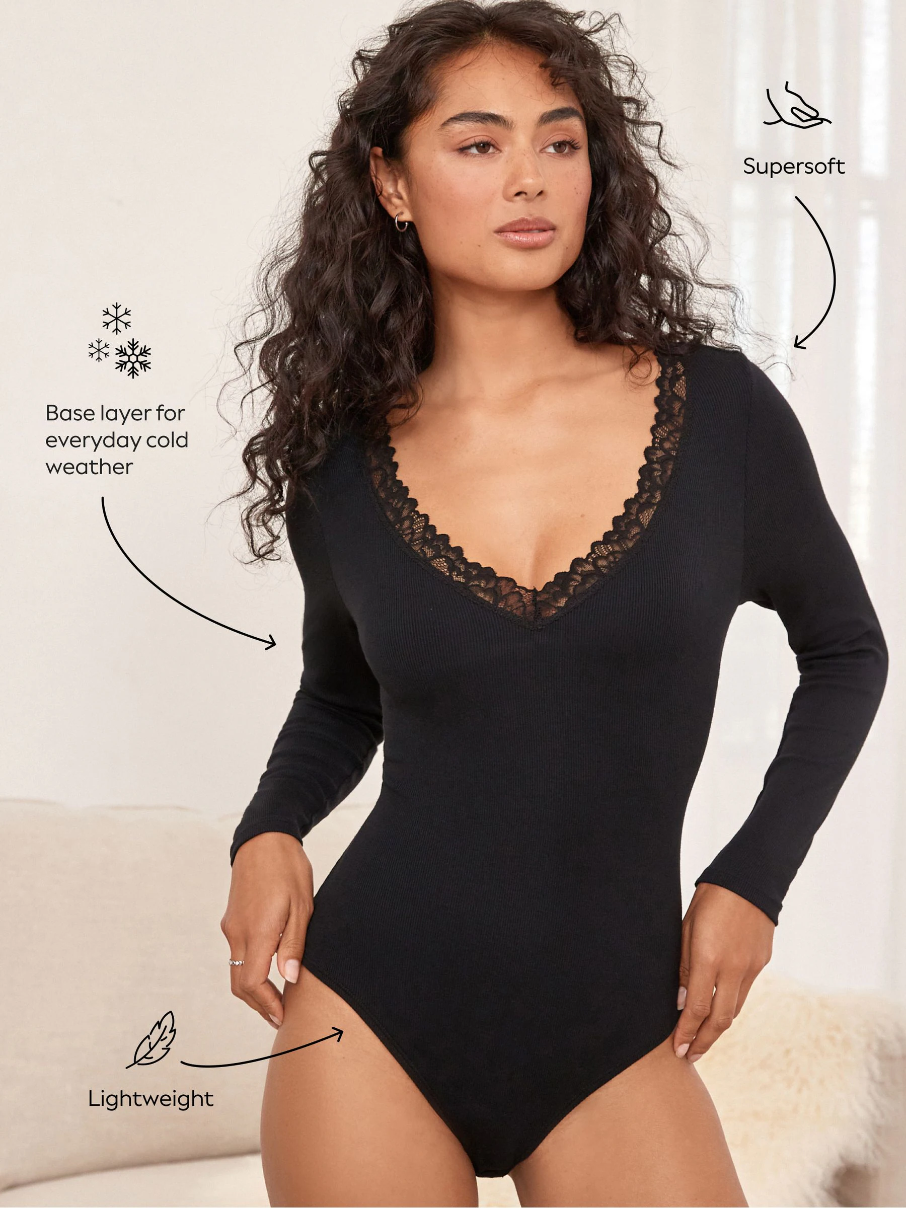 Zwart - Thermische Base Layer Bodysuit met kanten afwerking
