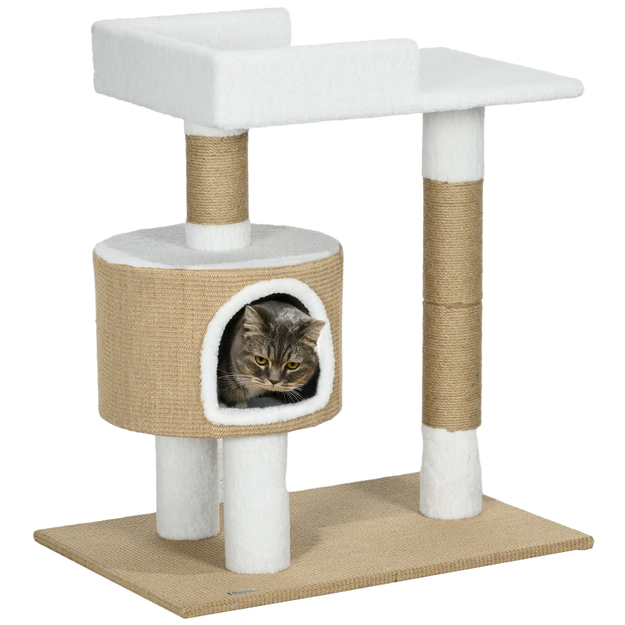 PawHut Kratzbaum mit Katzenhöhle und Liegeebene natur, weiß 70L x 49B x 79H cm