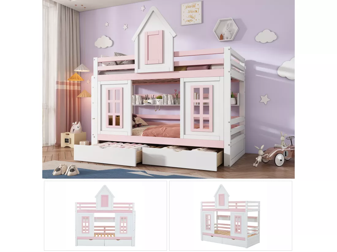 Lits superposés 2 x 90 x 200 cm avec 2 tiroirs, fenêtres et barrières de sécurité - pin + MDF - blanc + rose (sans matelas)