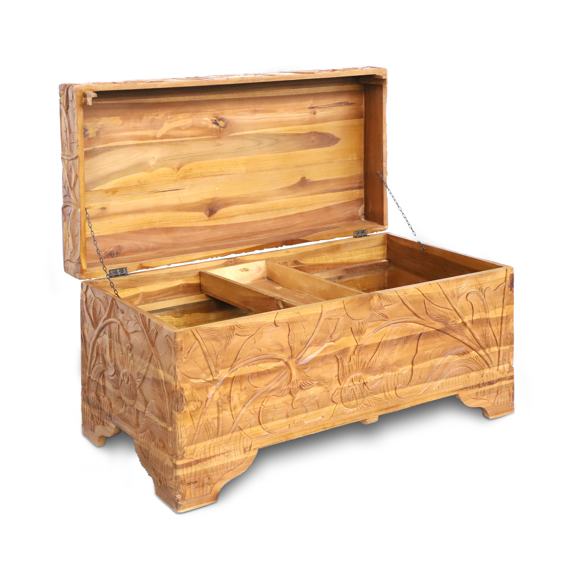 Truhe 'See-Lilien' Schnitzerei, B 100 cm, H 49 cm, T 50 cm von fischer's lagerhaus