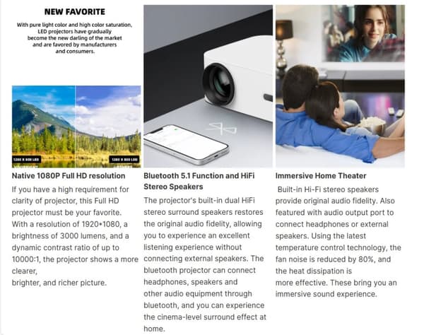 INF WiFi Bluetooth miniprojektor D100 Full HD 1080P