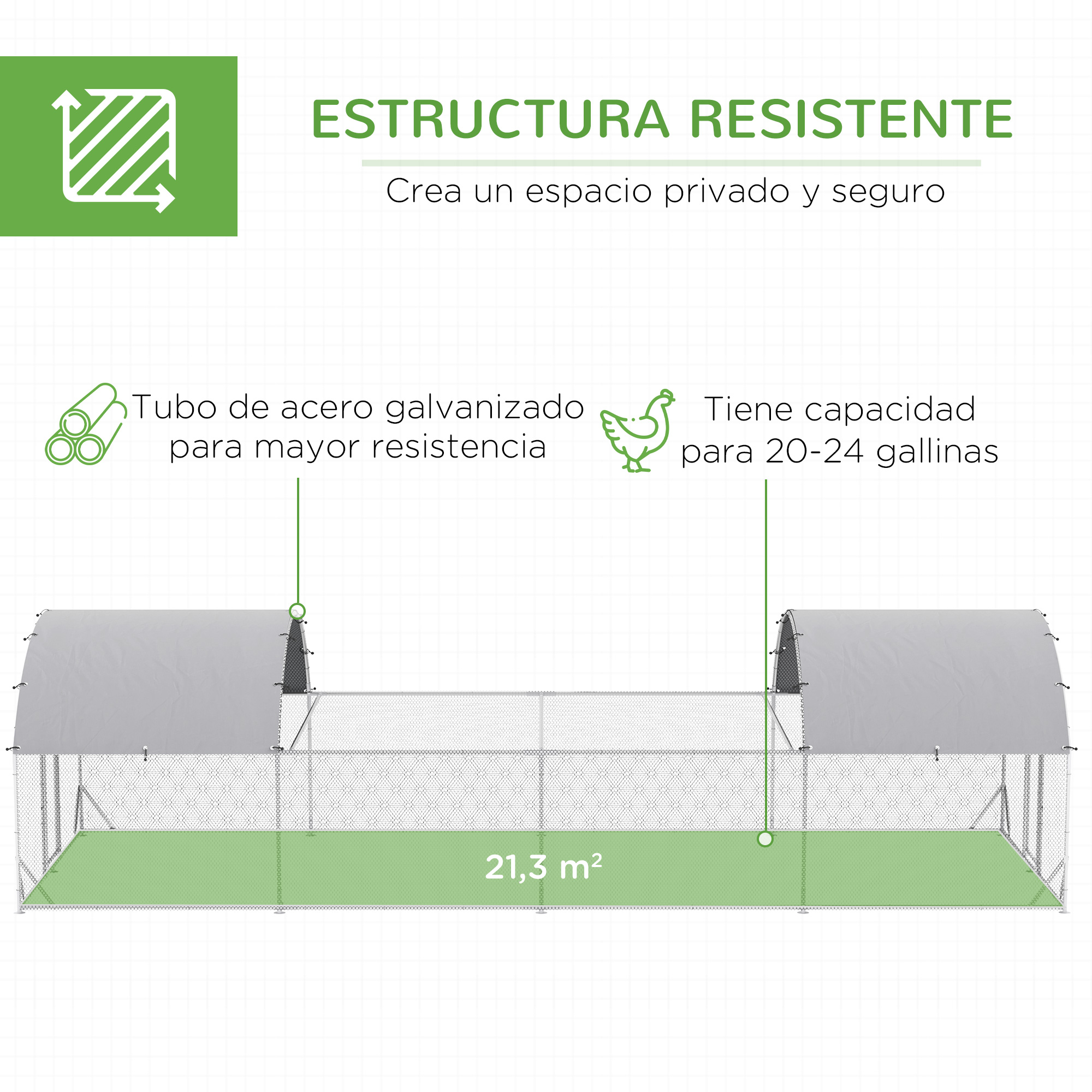Galinheiro externo PawHut em aço galvanizado, 7,6 x 2,8 x 1,95 m, grande, com 4 níveis, cobertura de tecido, espaço para 20 a 24 galinhas, coelhos e outras aves, cor prata.